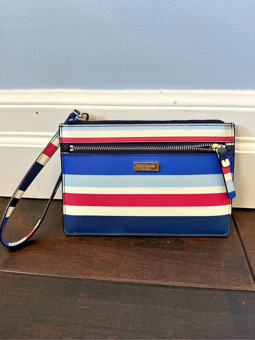 Kate Spade Cedar Street Stripe Stacy or Double Zip Wristlet Blue & Red